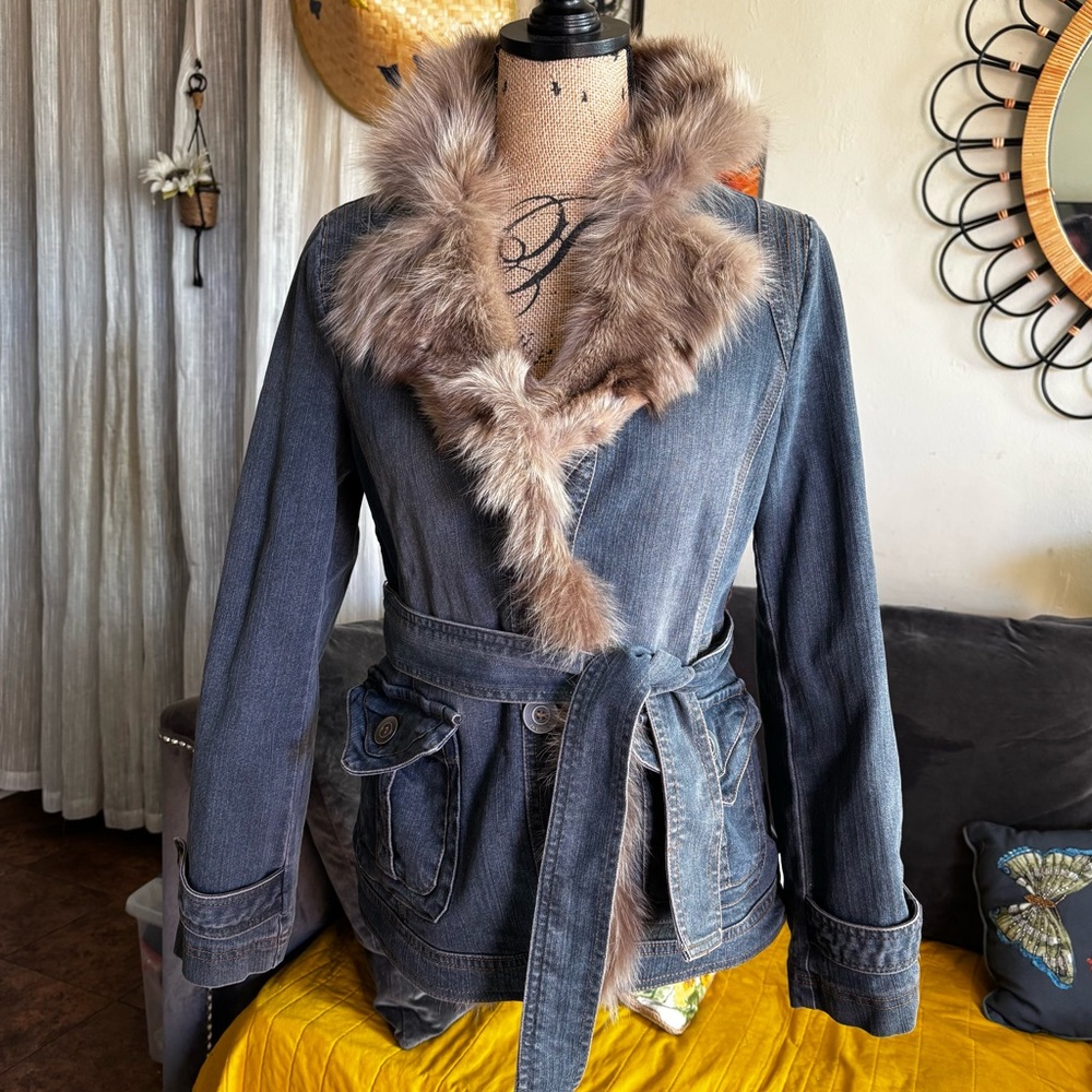 Y2K Faux Fur Collar Distressed Denim Jacket Quilted Animal Print Satin Lined XS